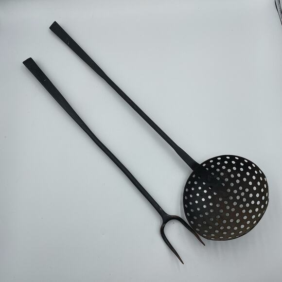 Antique Wrought Iron Turned Handle Ladle Skimmer Strainer & Hearth Cooking Fork